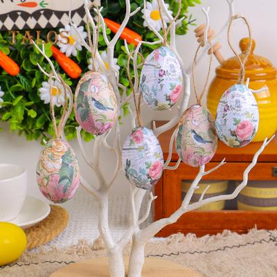6 Pcs Simulated Easter Eggs Painted Egg with Rope Hanging Decoration Artificial Easter Egg Ornaments with Basket for Spring Holidays Party Accessories