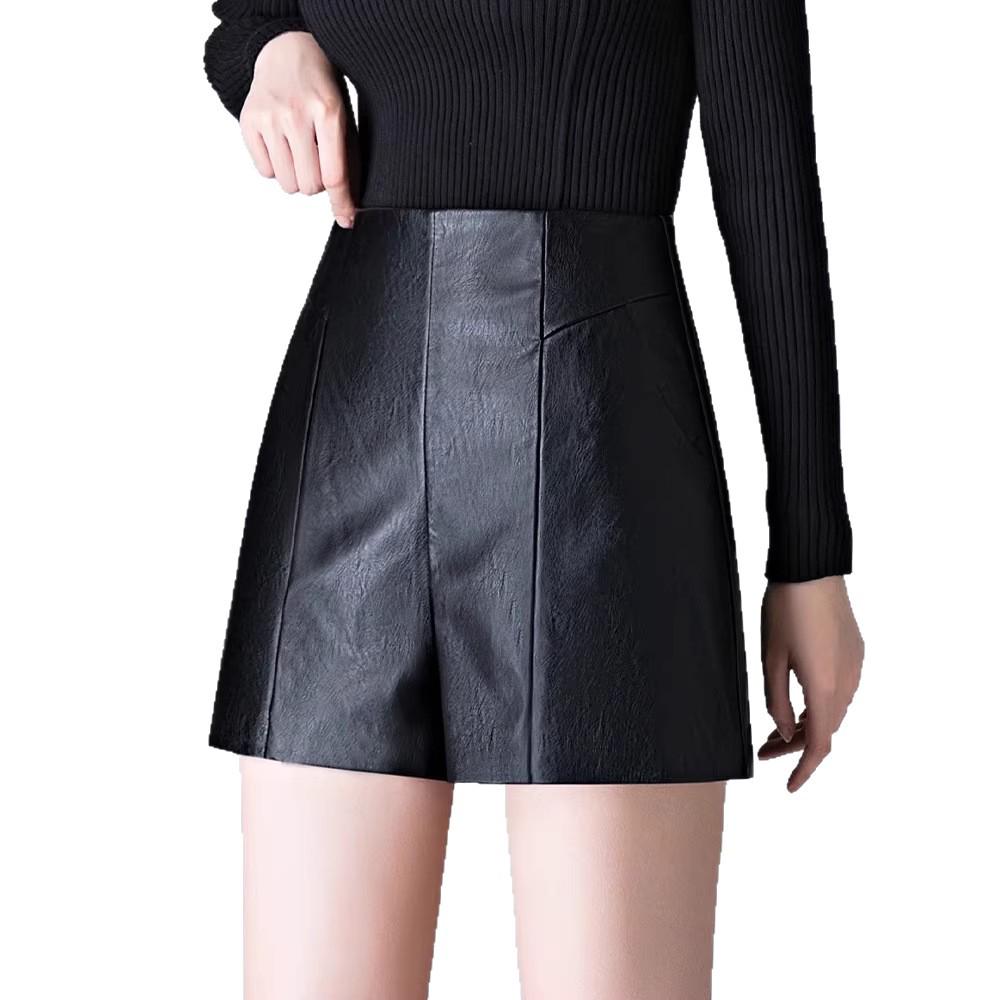 Women's Black PU Leather High-Waist A-line Shorts - 2026 Autumn Winter Collection: Petite, Slimming, Wide-Leg Bootcut Style