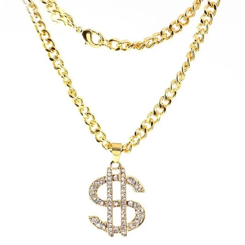 

Gold Plated Crystal Dollar Sign $ Pendants Necklaces with Long Twist Chain Statement Hip Hop Party Jewerly for Women Men золотой