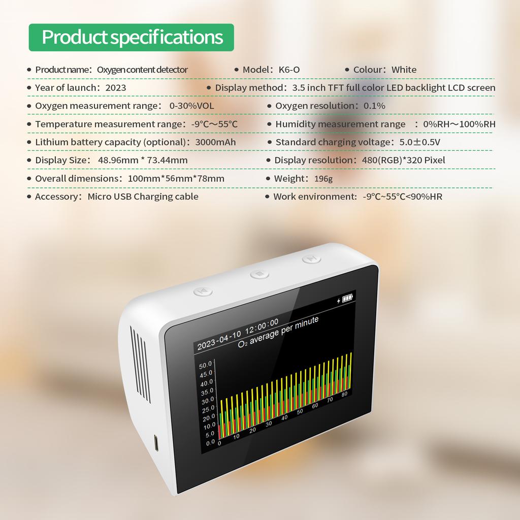 Desktop O2RHTemp. 3in1 Multifunctional Air Quality Detector Temperature Humidity Monitor