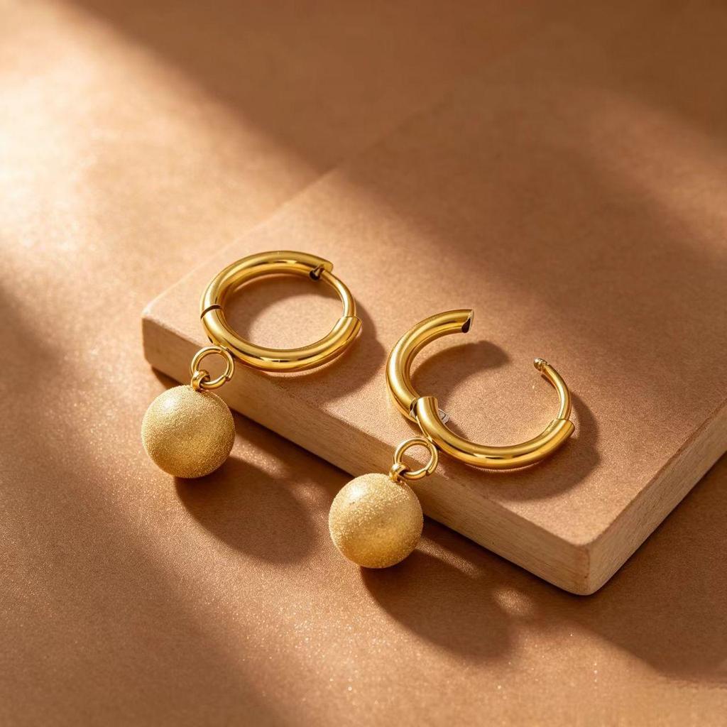 Frosted Gold Titanium Steel Round Bead Stud Earrings - Light Luxury Dangle Circle Earrings for Women