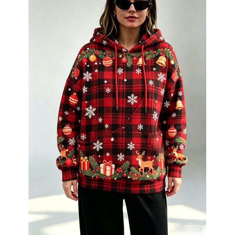 Womens Oversized Christmas Hoodie With 3D Print Loose Fit Large Slant Pockets Long Sleeve Holiday Party Casual Wear