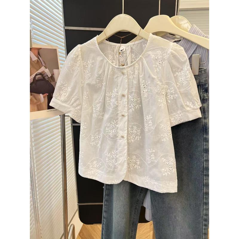Womens Embroidery Hollow Out Blouse Puff Sleeve Casual Button Up Shirt