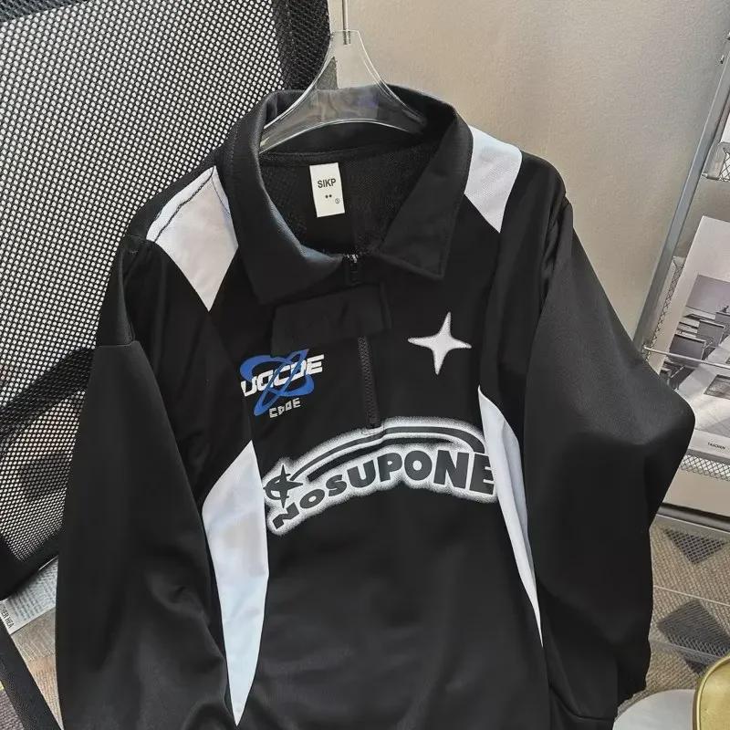 Men's Retro Color-Block Polo Collar Sweatshirt for Spring/Autumn 