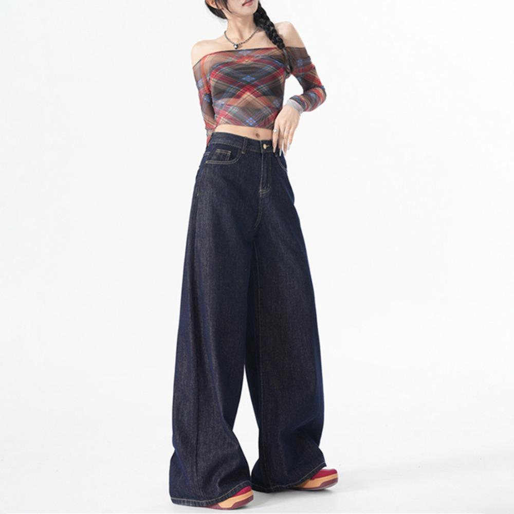 Trendy Personalized Design Straight Jeans Women's Spring and Autumn New High-waisted and Thin Wide-leg Floor-mopping Jeans