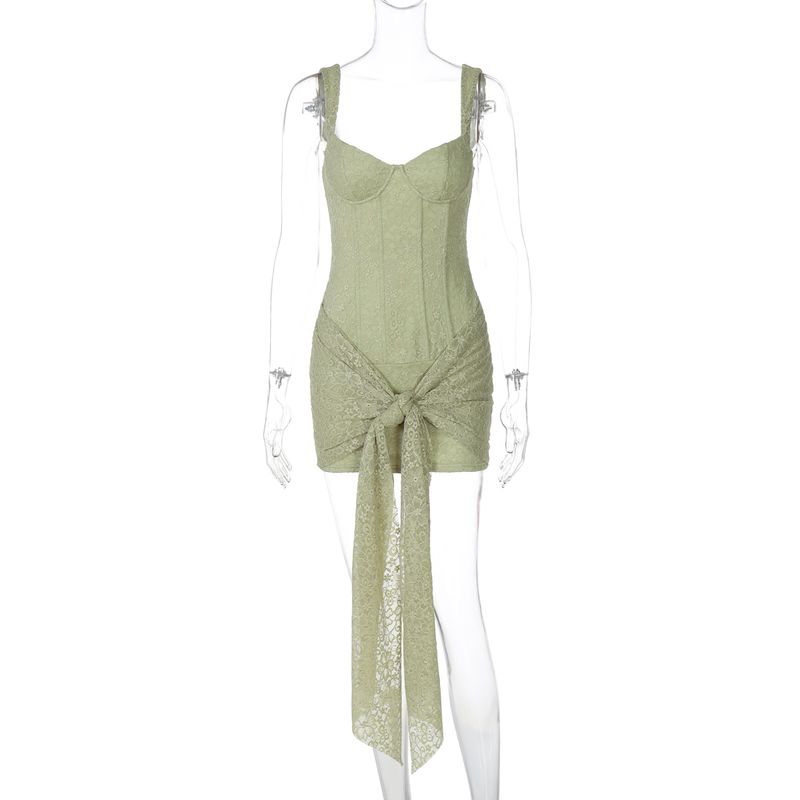 

Shemoda Double Layer Patchwork Jacquard Lace Sling Dress Women s Stretch Silm Lace-up Waist-Controlled Hip Skirt Green S