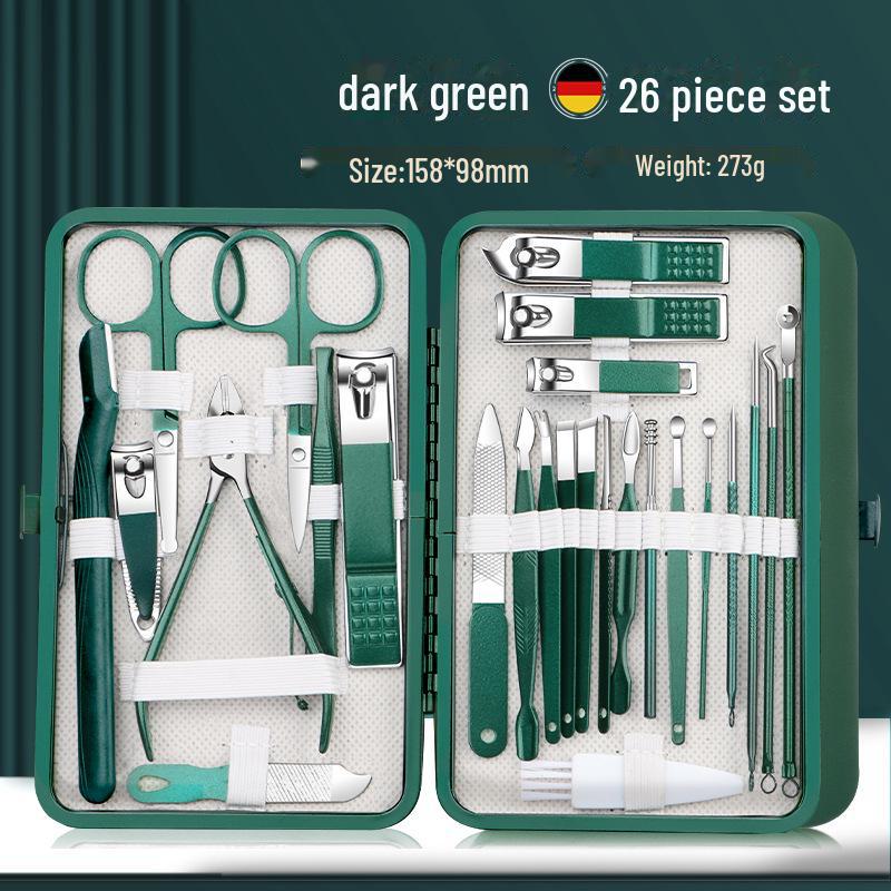 26-Piece Dark Green Stainless Steel Manicure Set: Nail Clippers, Dead Skin Remover, Scissors