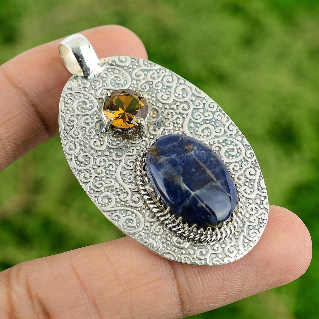 Daughters Day Deal Sodalite Gemstone Citrine 925 Sterling Silver Pendant Jewelry