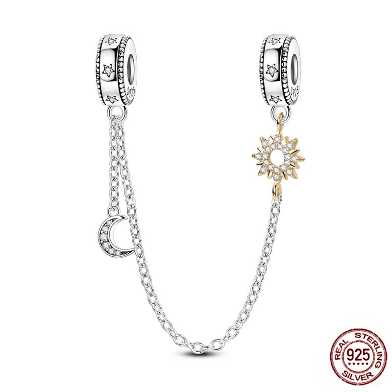 Star Moon Slide Safety Chains Charms 925 Sterling copper Heart Evil eyes Silicone Spacer Beads Fit Original Bracelet DIY Zircon