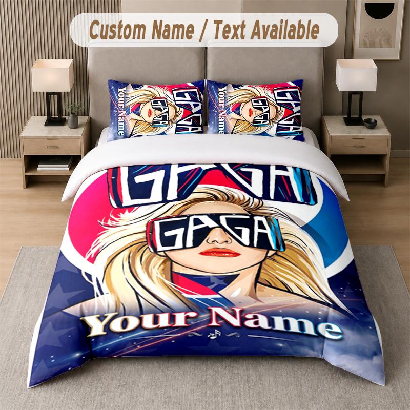 Lady Gaga 3Pcs Bedding Set, Personalized Custom Name Text, 1 Duvet Cover & 2 Pillowcases For Bedroom