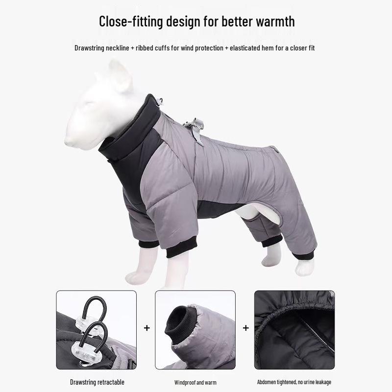 Reflective Waterproof Dog Jacket: Thickened Autumn/Winter Down Coat for Small Pets, Four-Legged Design, Cotton Material.