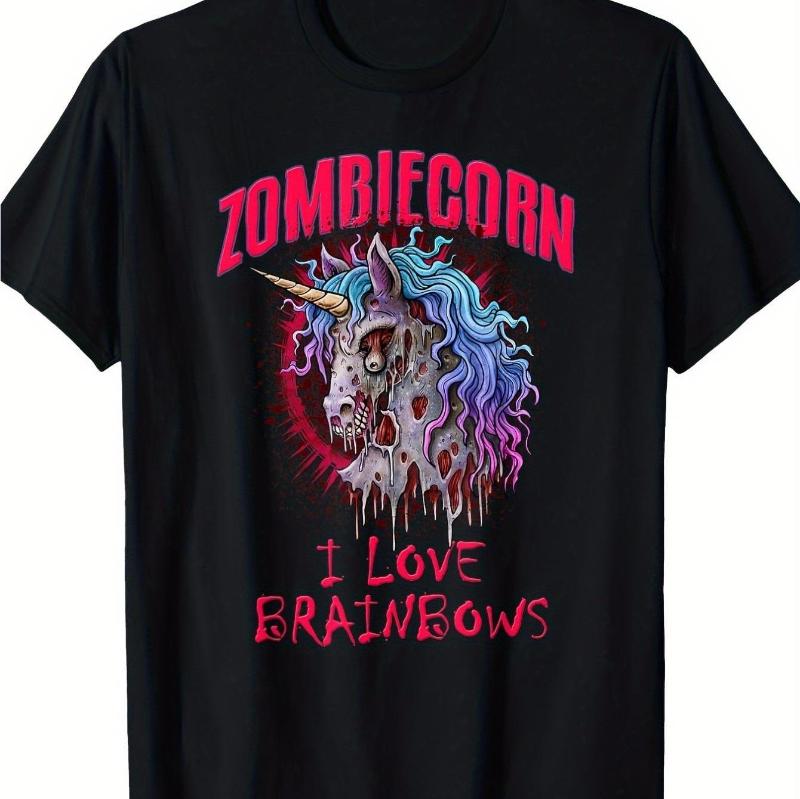 

Summer Men and Women Zombie Unicorn I Love Brain Rainbow Gothic Punk T-shirt - Edge Skull and Rainbow Pattern with Pink Letters 4XL