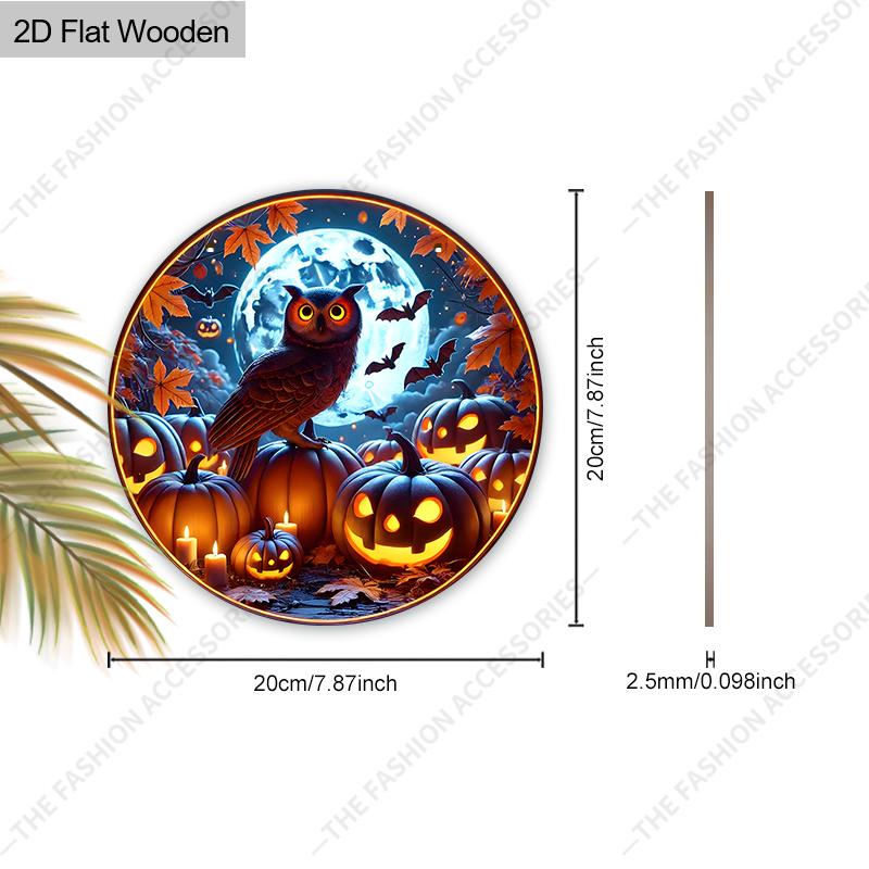 Halloween Owl Pumpkin Moon Round Flat Wooden Hanging Sign