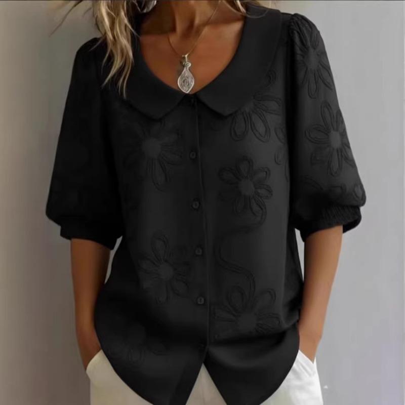 Elegante Camicia Ricamata con Fiori Casual Larga Retro Bottoni Manica Corta Colore Bambola Blusa Casual Monocolore Dolce Moda Ufficio Top Basici