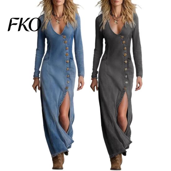 Comfortable Casual Dress Women's Sexy Side Slit Denim Dress, Western Long Sleeve Button Solid Color Women Down V Neck Cowgirl Bodycon Jean Maxi Beach