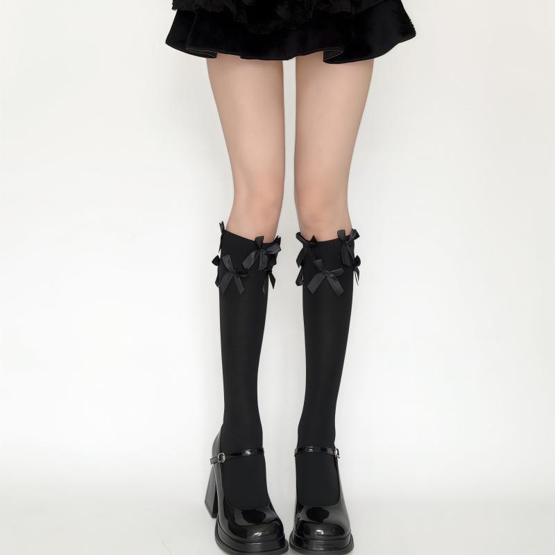 Multiple Bow Tube Socks Children Summer Thin Cute Japanese Design Sense Black Jk Calf Socks Babes One size
