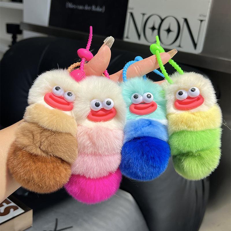Adorable Caterpillar Faux Rabbit Fur Keychain - 2026 Trendy Cartoon Pendant