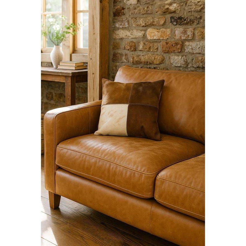 Natural Leather Cowhide Cushion Cover - Handmade Patchwork Pillow  Melbourne Leather Gift For Her Him Birthday Anniversary