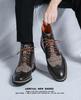 British Men's Mid-High Leather Brogue Boots: Fashionable Retro Business-Casual, Pointed Toe, Height-Increasing.