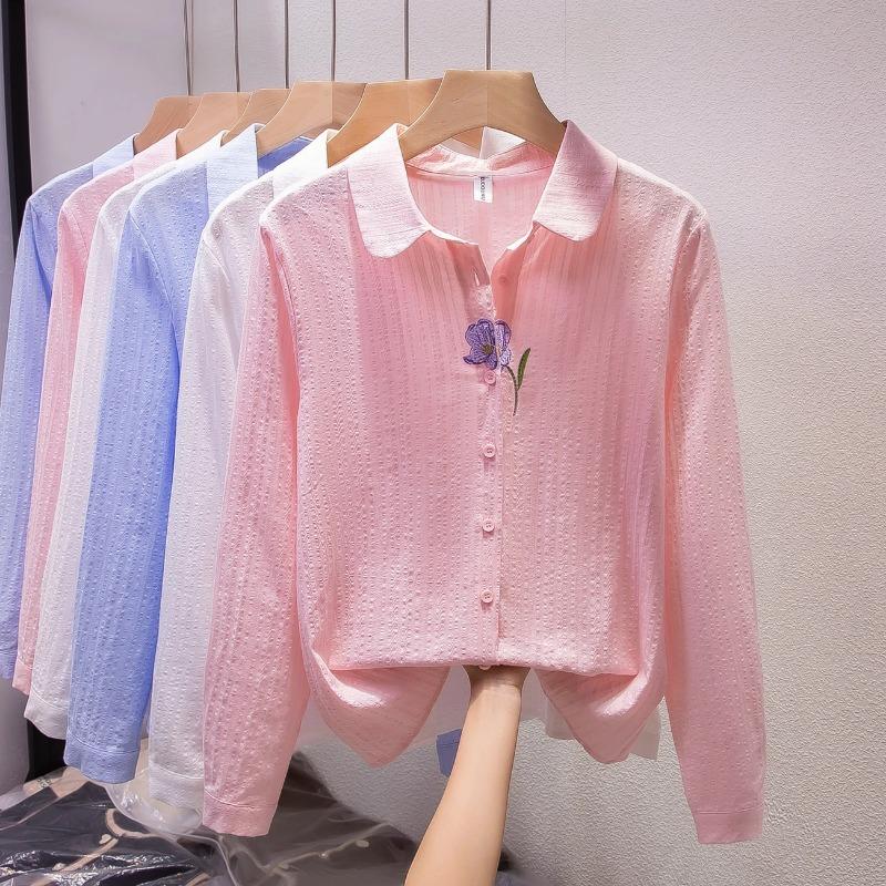 

Womens Floral Embroidery Long Sleeve Button Down Shirt S розовый
