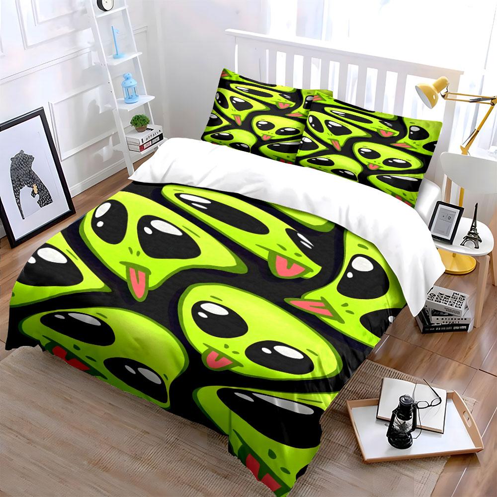 Green Alien Faces Pattern. Bedding Sets Duvet Cover Sets Duvet Covers Pillowcases(1 * Duvet Cover 2 * Pillowcases, Without Duvet Insert)