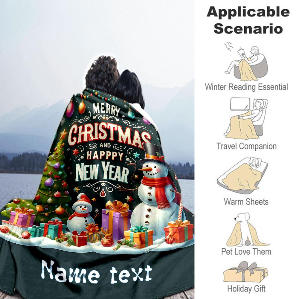 Xmas Christmas Snowman Customize Text Blanket Cozy Personalized Blanket Comfortable Great for Sofa Home Decor Office Livingroom