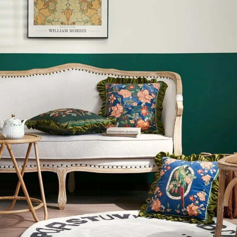 Parrot Print Cushion Case, Flora Bird Pillows, Luxury Velvet, Decorative Pillow Cover for Sofa Chair, Modern Living Room, Home D