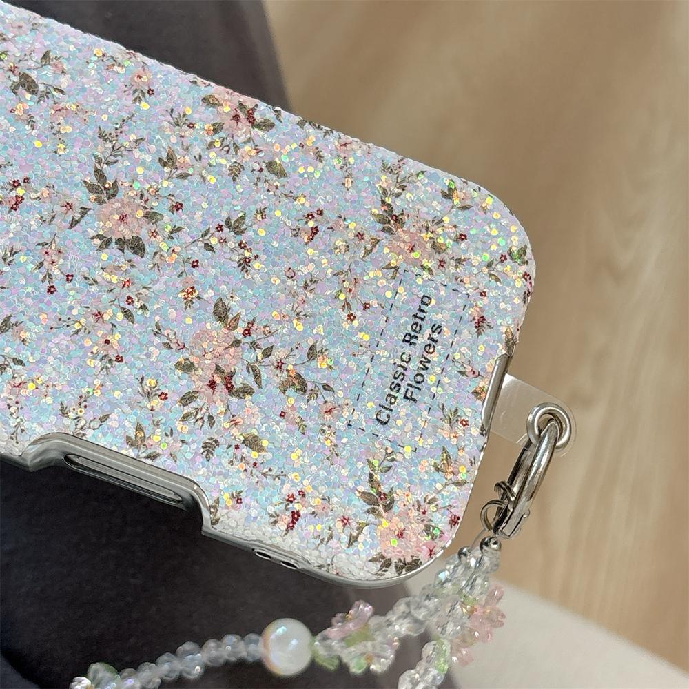 KEYSION Women Girl's Flower Phone Case for iPhone 14 15 16 17 Pro Max Rounded Edges Shockproof Cover with Bead Bracelet Chain