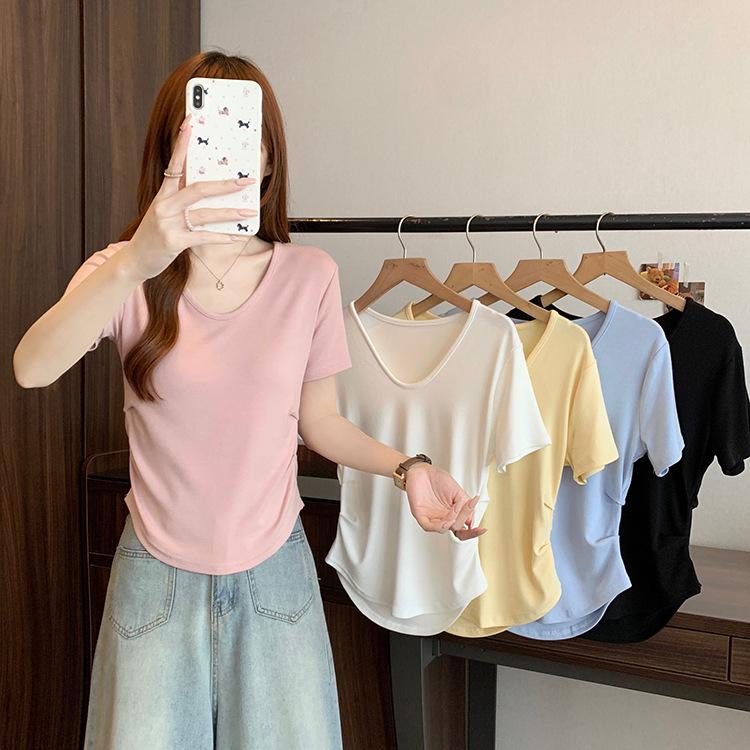 

2026 Women s Plus Size Korean Style Ruched Short Sleeve Solid Color T-Shirt L синій
