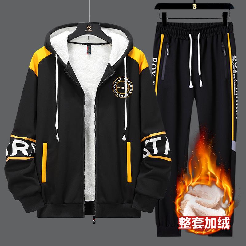 

Teenagers Plush Thick Hooded Cardigan Sweatshirt Sweatpants Casual Handsome Fashionable Outdoor Sports Suit Men s 5XL