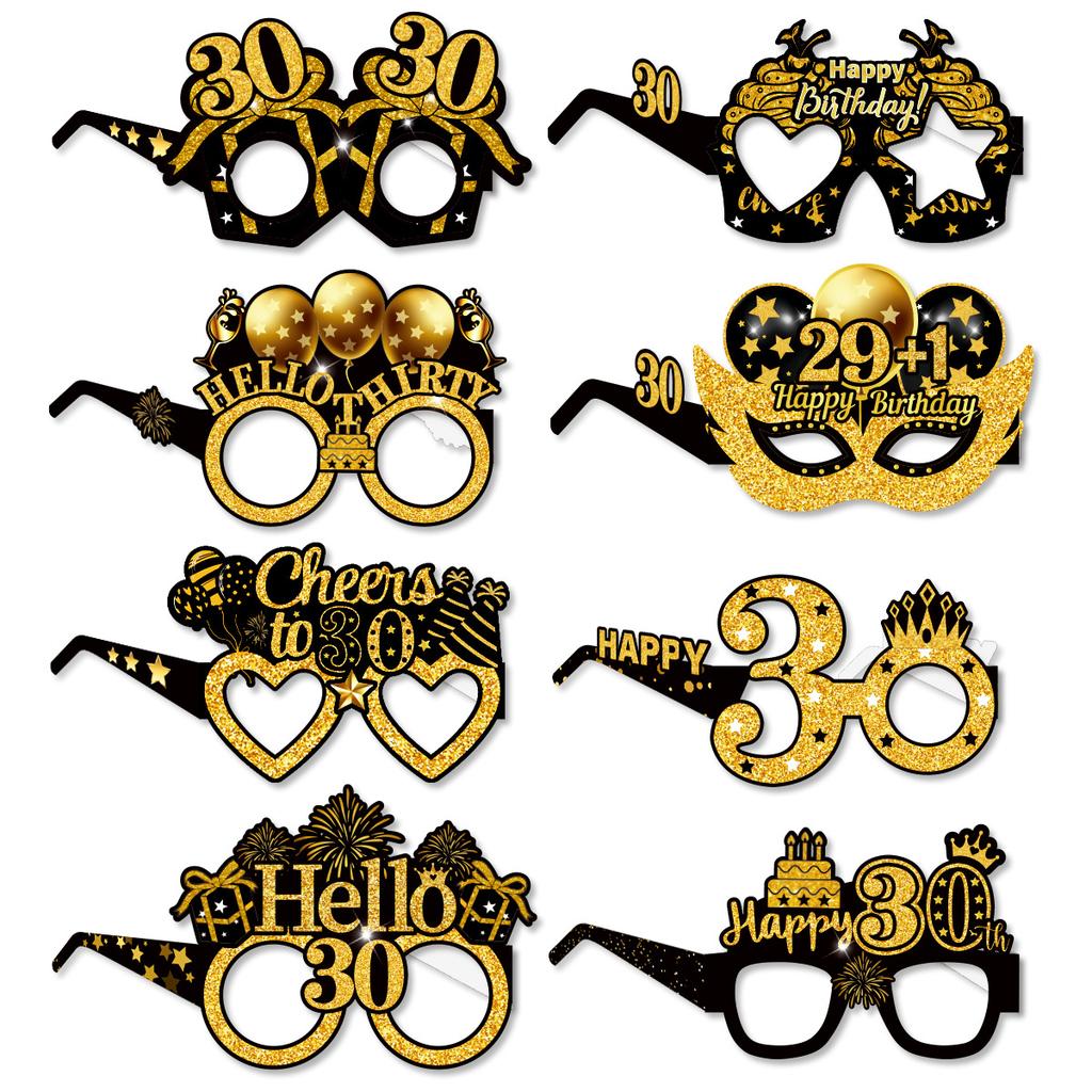 16pcs Amazon's New Product Birthday Party Decoration Paper Glasses - Black and Gold 18-year-old and 60-year-old Birthday Photo Props Glasses