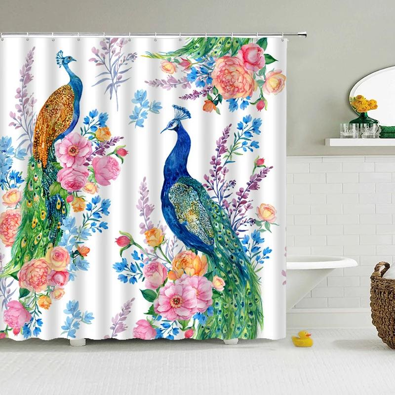 Peacocks Shower Curtains Chinese Birds Feather Bathroom Curtains Retro Flower Waterproof Polyester Bathtub Screen With Hooks