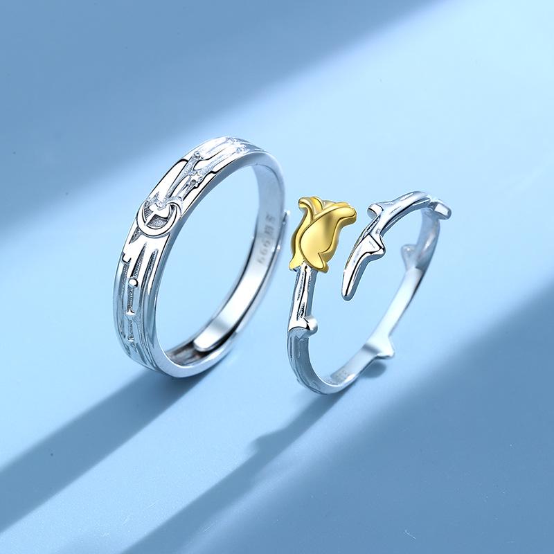 The Little Prince & Rose 999 Sterling Silver Adjustable Couple Rings, Gift for Men & Women