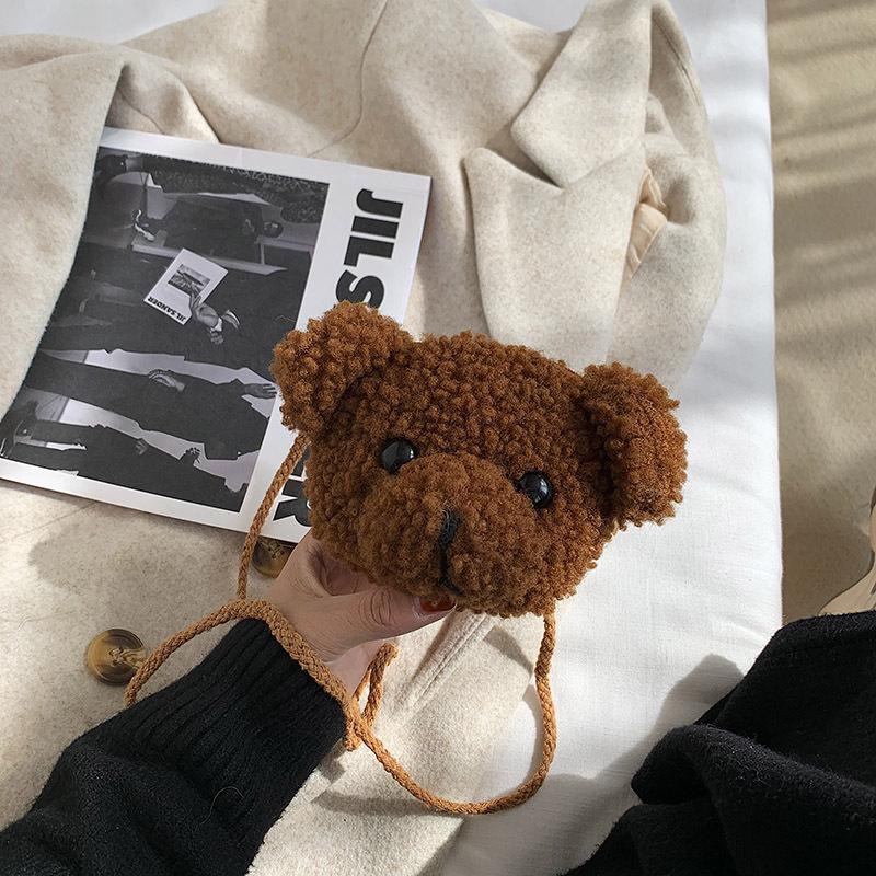 

Cartoon bear head messenger bag female plush bag simple ins one-shoulder small bag student cute girl heart small messenger bag 13*6*11cm коричневий