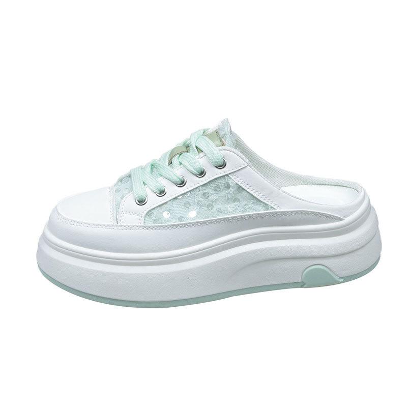 Xias neue atmungsaktive Mesh-Außentasche Kopf faule kleine weiße Schuhe erhöhen die Höhe und lassen schlank aussehen rosa Stickerei ohne Absatz Halbschuhe