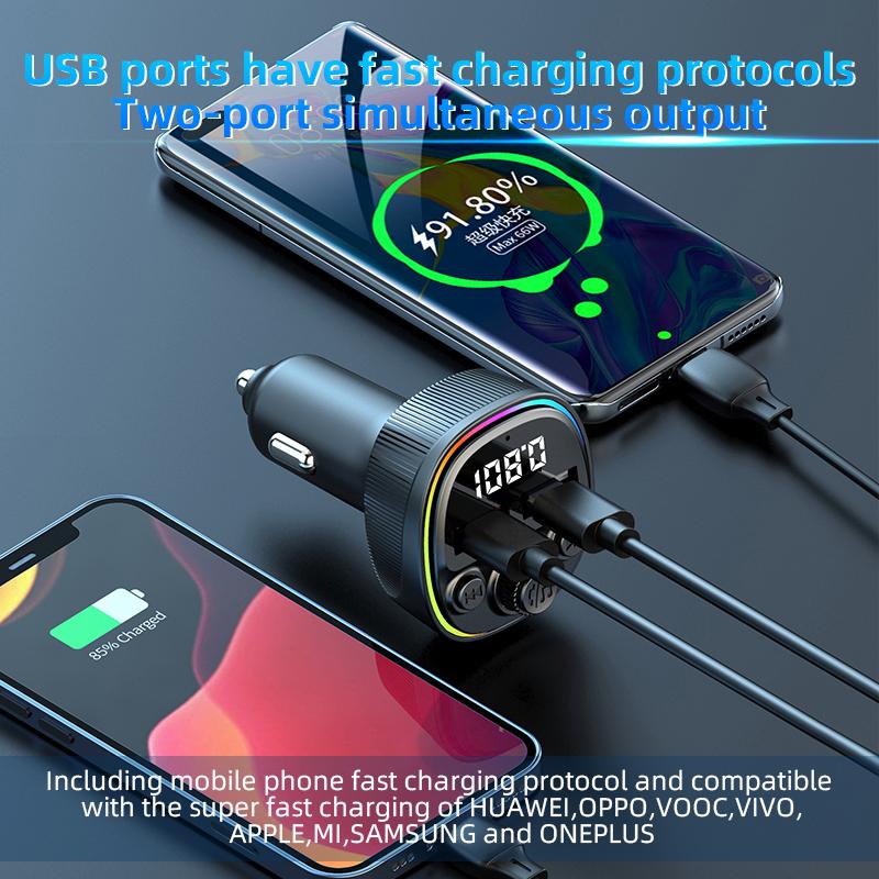 CS2 Dual USB 66W Super Fast Car Charger Digital Display Car Charger with MP3 Player Bluetooth-compatible FM Transmitter