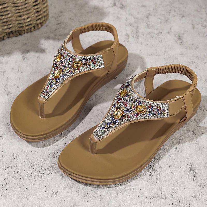 Fashion Fashion Rhinestone Bohemian Sandals Women 2025 Summer Clip Toe Flats Beach Sandles Woman Non Slip Elastic Band Sandalias Mujer