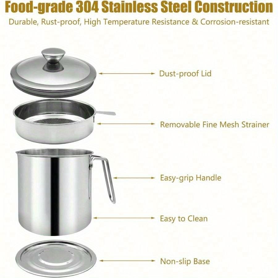 Bacon Grease Container With Strainer, 1.3L And 1.7L And 2.1L Grease Strainer And Container With Dust-Proof Lid, 304 Stainless Steel Oil Filter Storage