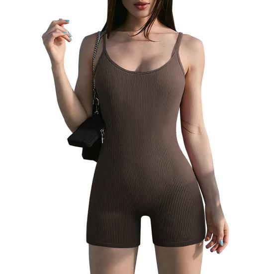 Women Romper Sleeveless Backless Spaghetti Strap Low-cut Skinny Elastic Quick Dry Above Knee Length Solid Color Female Clothing