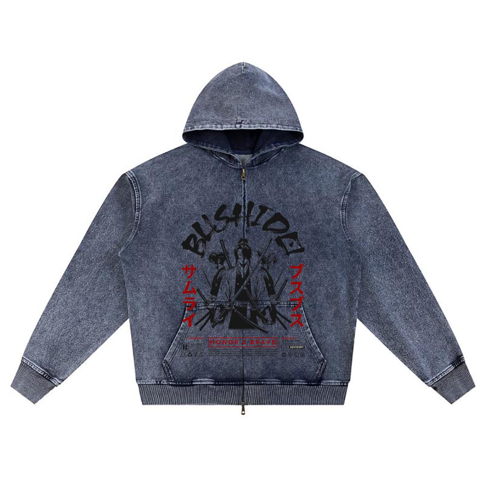 

DTG print Knitted Denim Zip-Up Hoodie Samurai Japan Brother Print Zipper Hoodies XL темно-синий