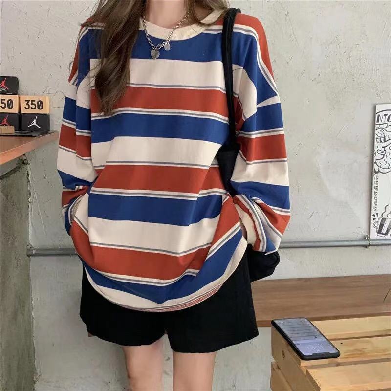 T Shirt Women Ins Rainbow Stripe Long Sleeve Top Autumn Korean Loose Base Layer