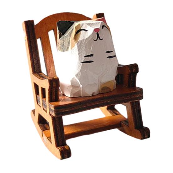 Small Hand-Carved Wooden Figurine Animal Chair Cat/Dog/Fox Cute Rocking Statue for Desk