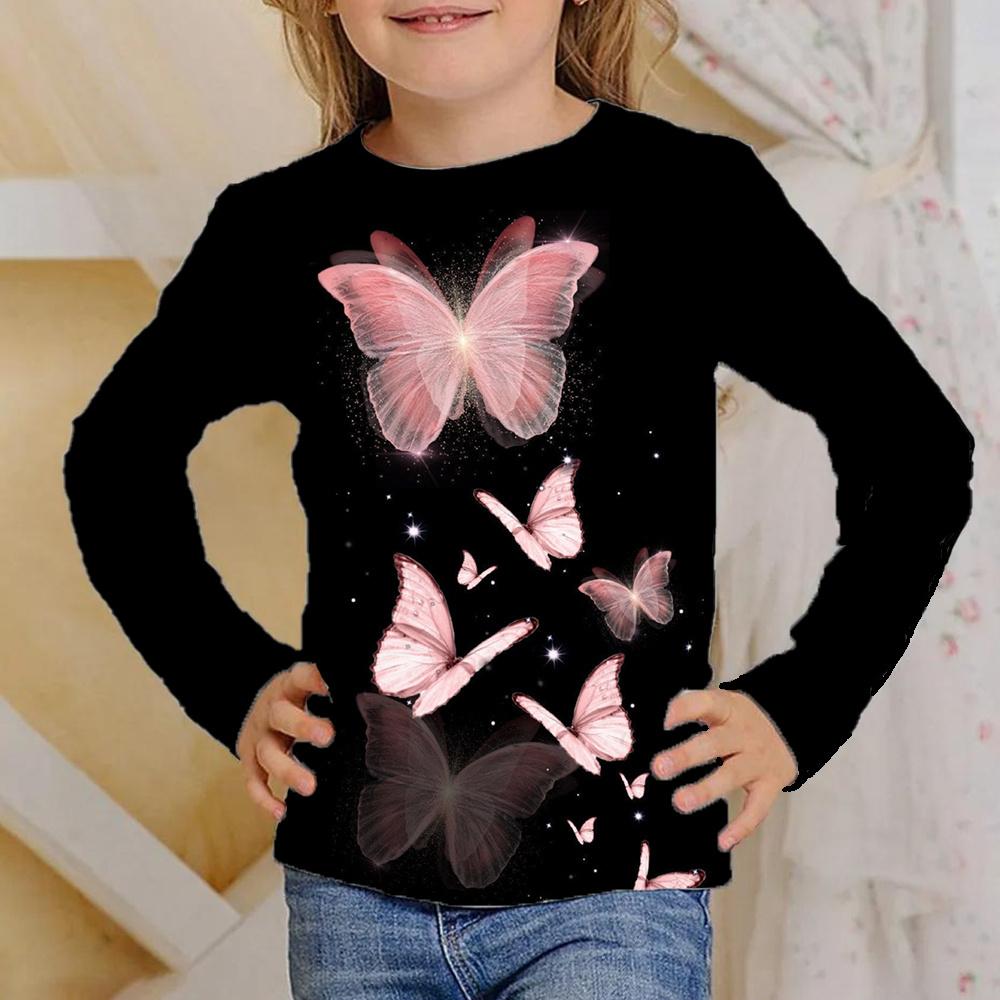 Children's Butterfly Pattern 3D Digital Printing Girl's Casual and Comfortable Round Neck Long Sleeve T-shirt