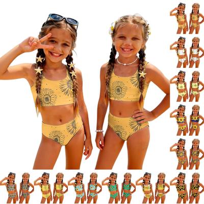 Girls Two Piece Swimsuit Floral Print Tankini Top and High Waist Bottoms Summer Beachwear Swimwear Set for Kids