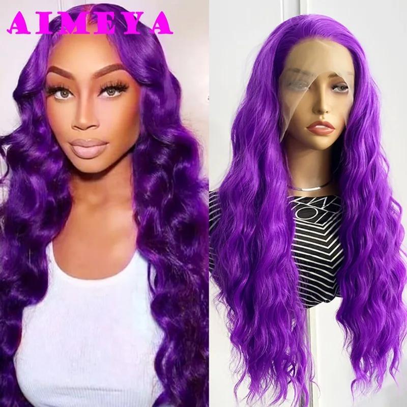 

AIMEYA Blue Lace Front Wig Long Deep Wave Synthetic Lace Wigs for Women Heat Resistant Natural Hairline Daily Wear Cosplay Wigs фиолетовый