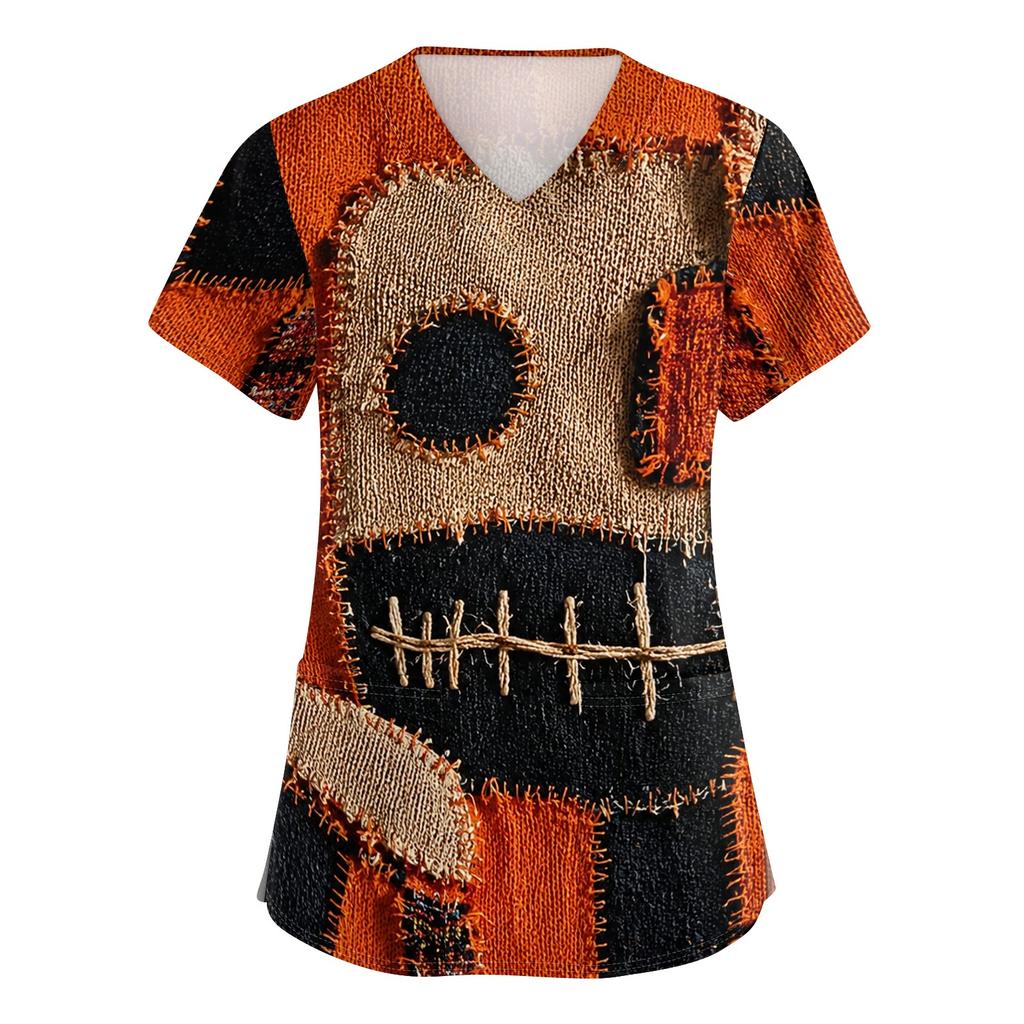 Women V Neck Halloween Print Short Sleeve Medical Scrub Top with Pocket Side Slit Workwear Uniform Shirt for Healthcare Professionals