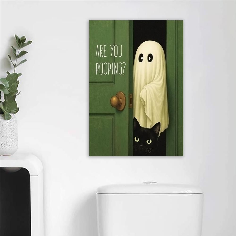 Funny Ghost Bathroom Wall Art Poster Ghost Cat Cute Ghost Bathroom Wall Decor Funny Vintage Bathroom Canvas Painting