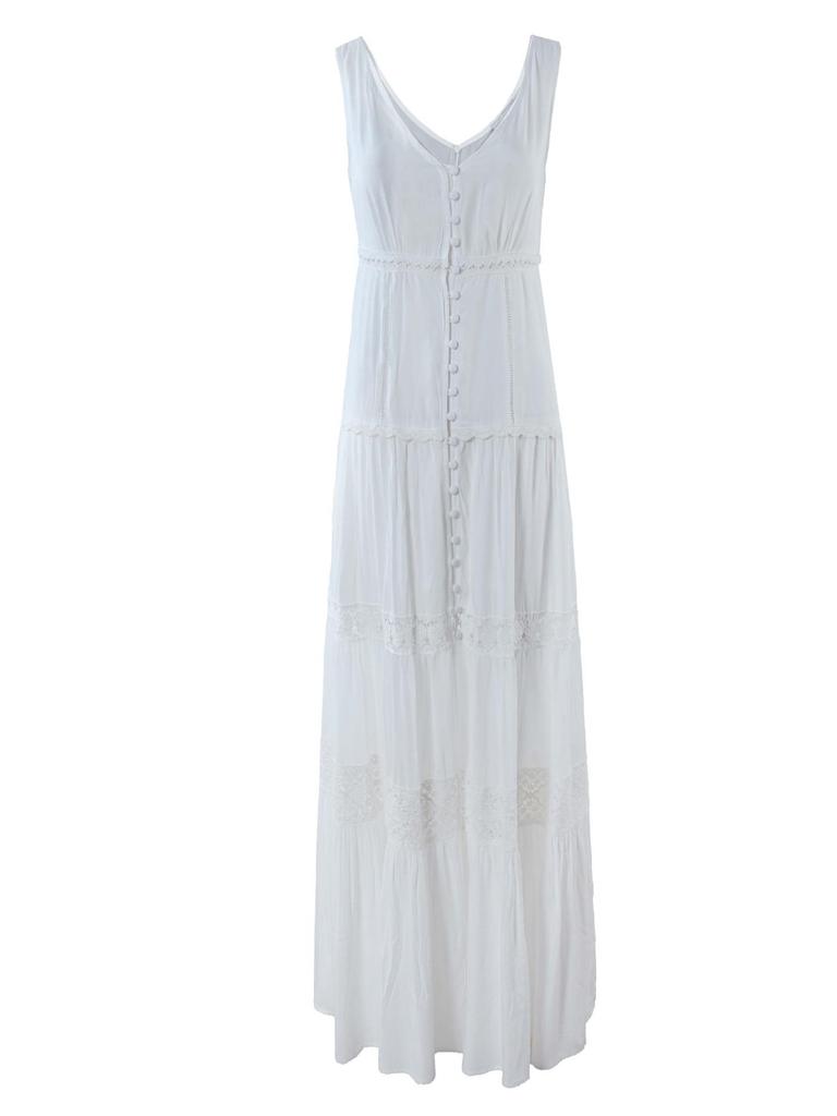 Forest Chic White Spaghetti Strap Dress - Gentle Fairy Long Vacation Dress Sanya Beach Style (f2105)