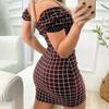 Robe Mini Slim Décor Nœud Papillon Doux Imprimé Carreaux Épaules Dénudées Robe Bodycon Vêtements Féminins