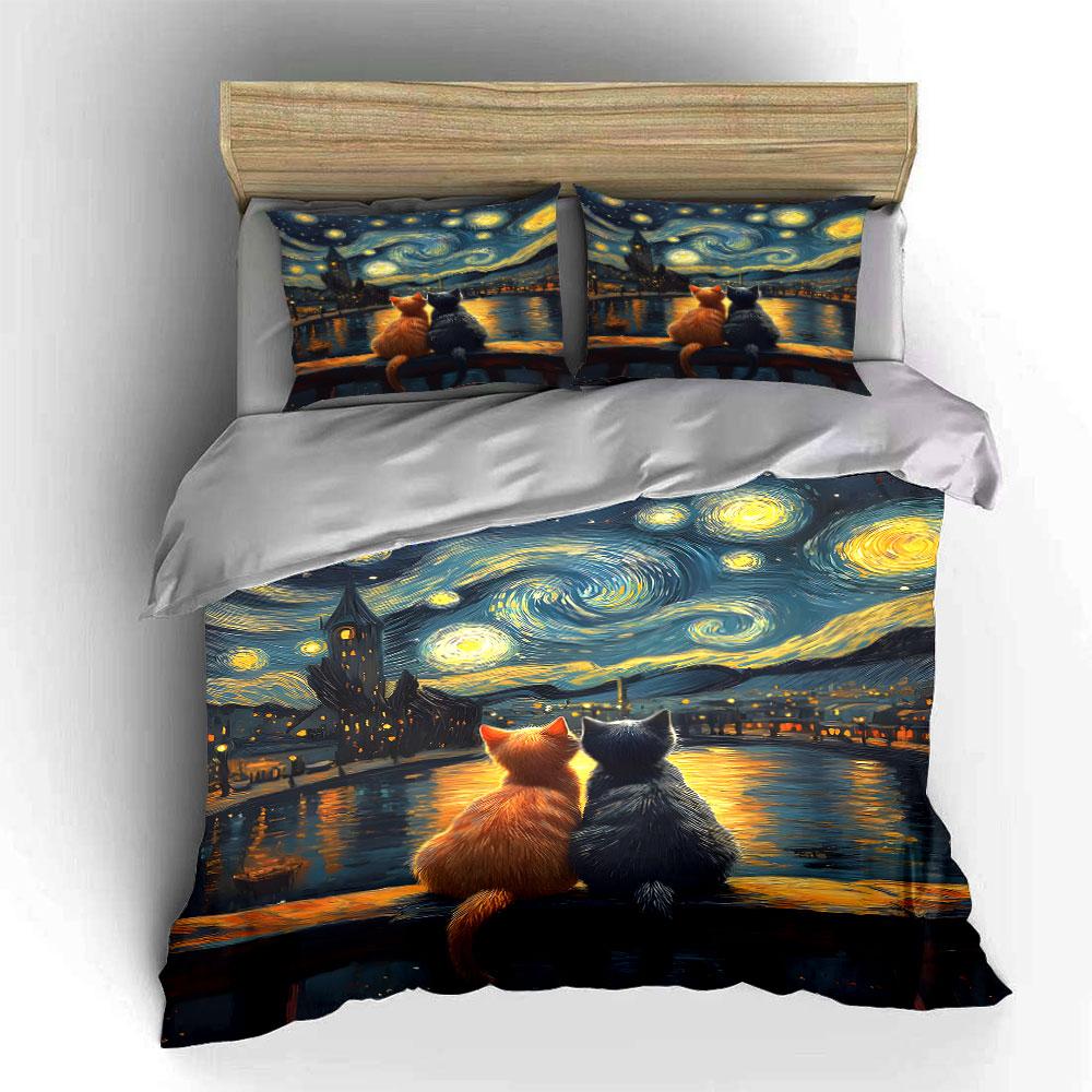 Cats under starry sky. Bedding sets Duvet cover sets Duvet covers Pillowcases(1* Duvet Cover 2* Pillowcases without duvet insert)